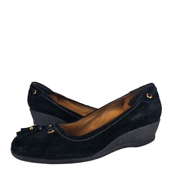 Talbots Women's‎ Black Suede Leather Slip On Tassel Wedge Loafers Shoes Size 7B - Picture 1 of 7